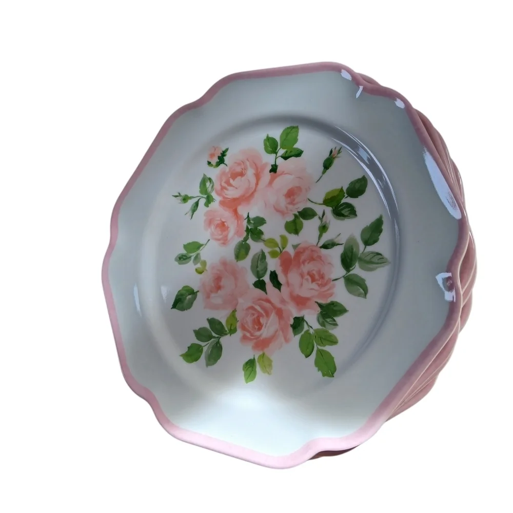 Set of 2 Laura Ashley Soft Pink Rose Melamine Salad Plate Scalloped Rim 9